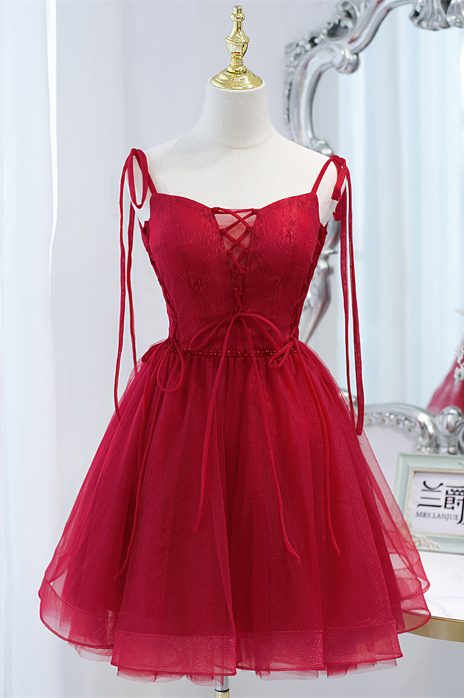 Wine Red Bow Tie Lace-Up Deep V Beaded Tulle Homecoming Dress