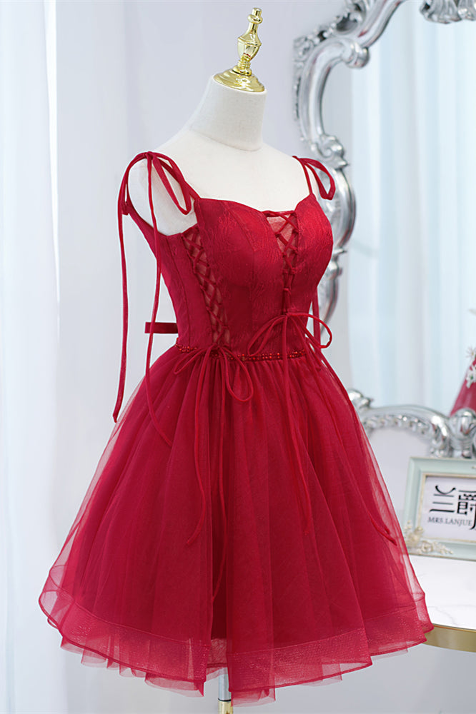 Wine Red Bow Tie Lace-Up Deep V Beaded Tulle Homecoming Dress