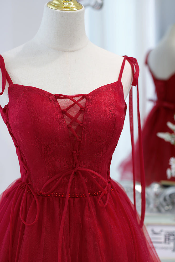 Wine Red Bow Tie Lace-Up Deep V Beaded Tulle Homecoming Dress