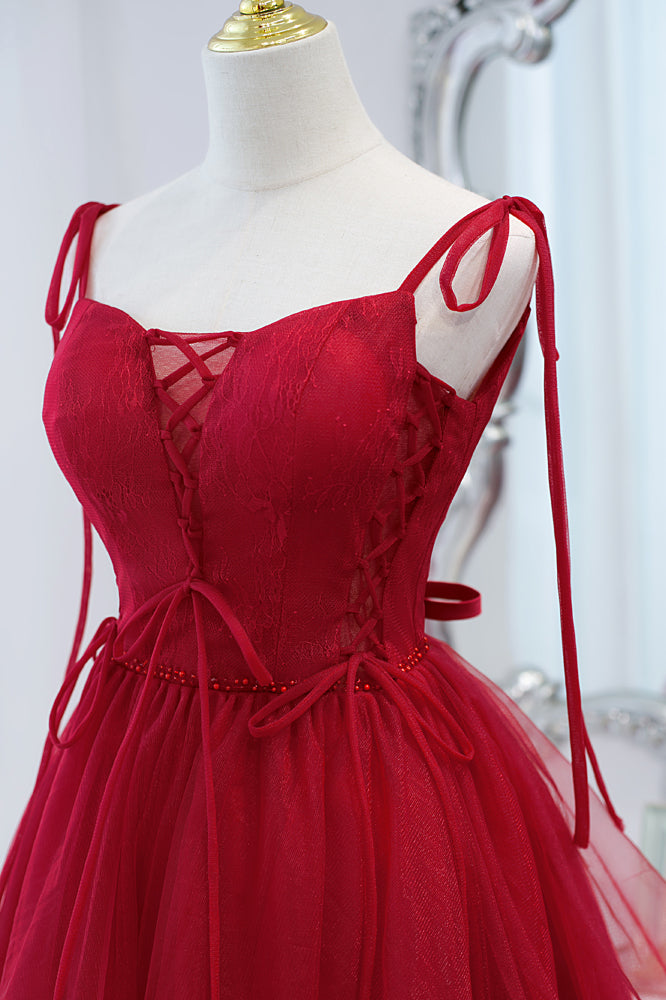 Wine Red Bow Tie Lace-Up Deep V Beaded Tulle Homecoming Dress