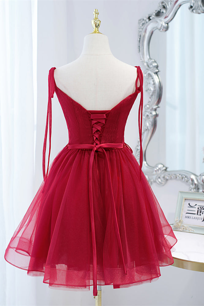Wine Red Bow Tie Lace-Up Deep V Beaded Tulle Homecoming Dress