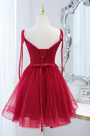 Wine Red Bow Tie Lace-Up Deep V Beaded Tulle Homecoming Dress