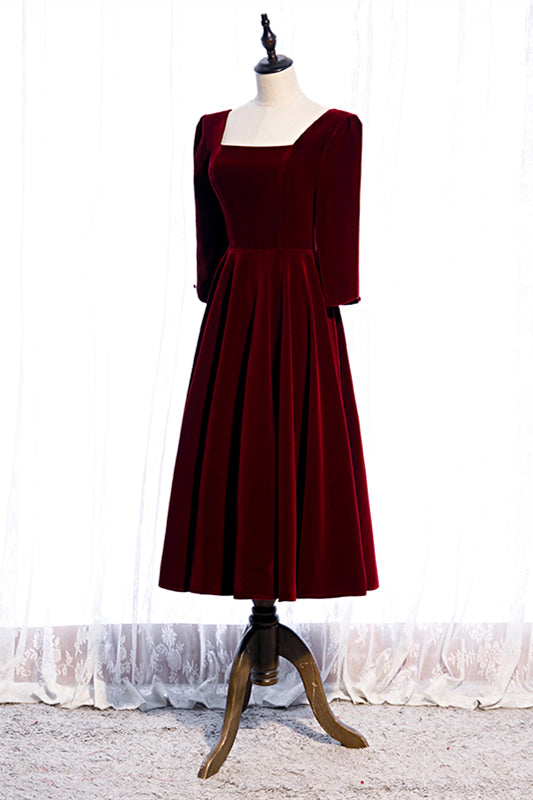 Burgundy Square Neck Long Sleeves Velvet Midi Formal Dress