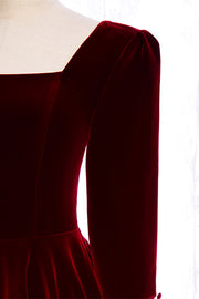 Burgundy Square Neck Long Sleeves Velvet Midi Formal Dress