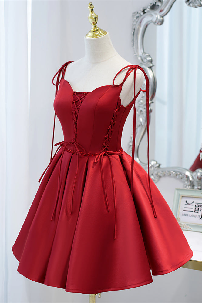Wine Red Bow Tie Lace-Up Deep V Beaded Homecoming Dress