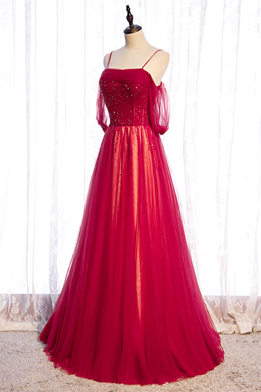 Red Off-the-Shoulder Beaded Straps Lace-Up Maxi Formal Dress