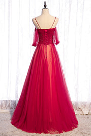 Red Off-the-Shoulder Beaded Straps Lace-Up Maxi Formal Dress