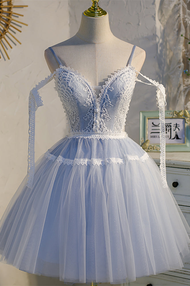 Light Blue Bow Tie Lace V Neck Buttons Homecoming Dress