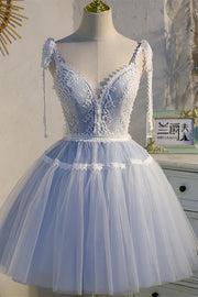 Light Blue Bow Tie Lace V Neck Buttons Homecoming Dress