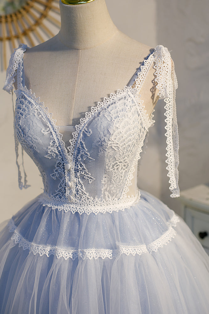 Light Blue Bow Tie Lace V Neck Buttons Homecoming Dress