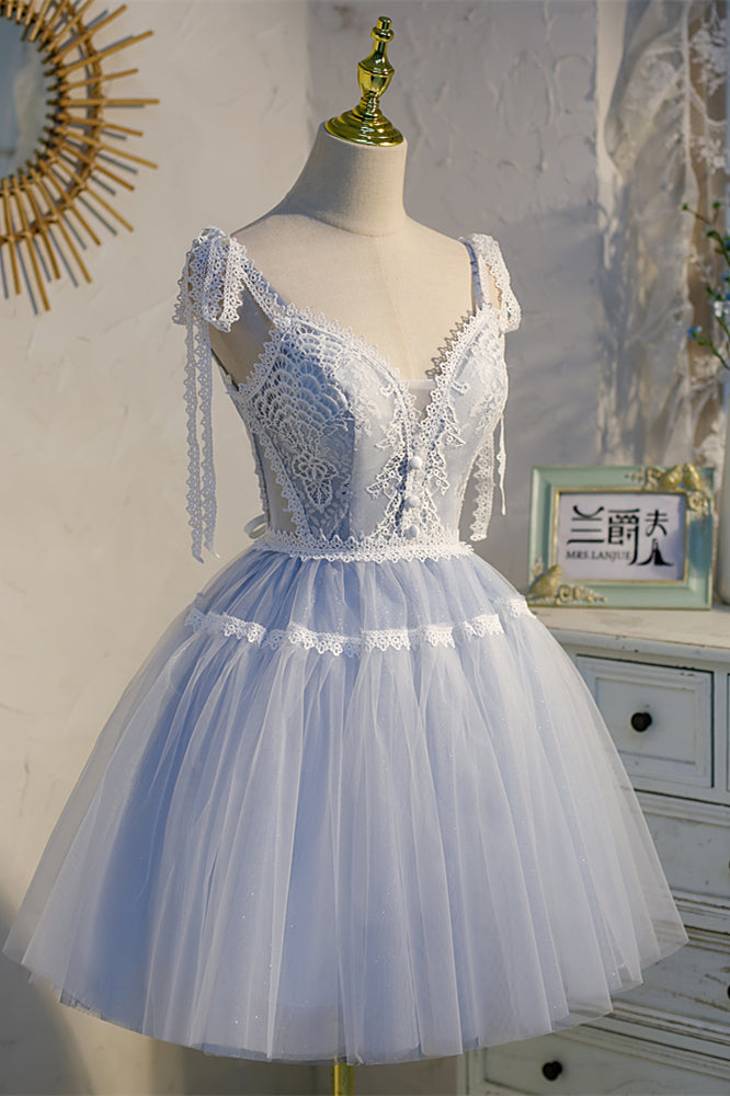 Light Blue Bow Tie Lace V Neck Buttons Homecoming Dress