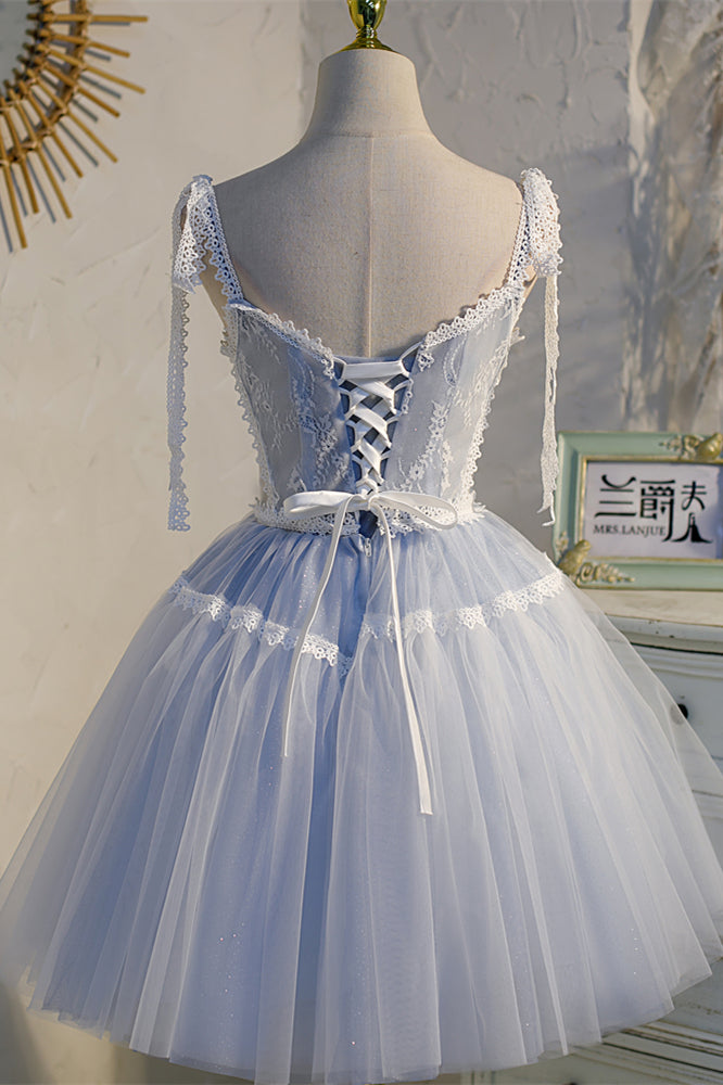 Light Blue Bow Tie Lace V Neck Buttons Homecoming Dress