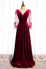 Burgundy A-line V Neck Long Sleeves Beaded Appliques Maxi Formal Dress