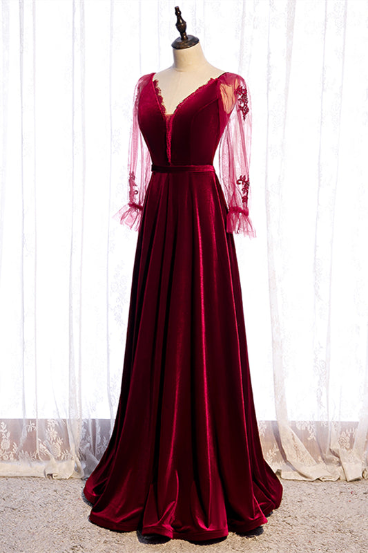 Burgundy A-line V Neck Long Sleeves Beaded Appliques Maxi Formal Dress