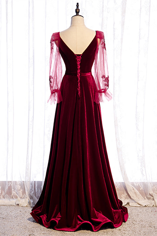 Burgundy A-line V Neck Long Sleeves Beaded Appliques Maxi Formal Dress