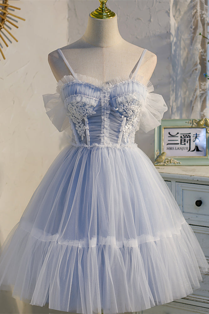 Light Blue Bow Tie Off-the-Shoulder Ruffle Beaded Homecoming Dress