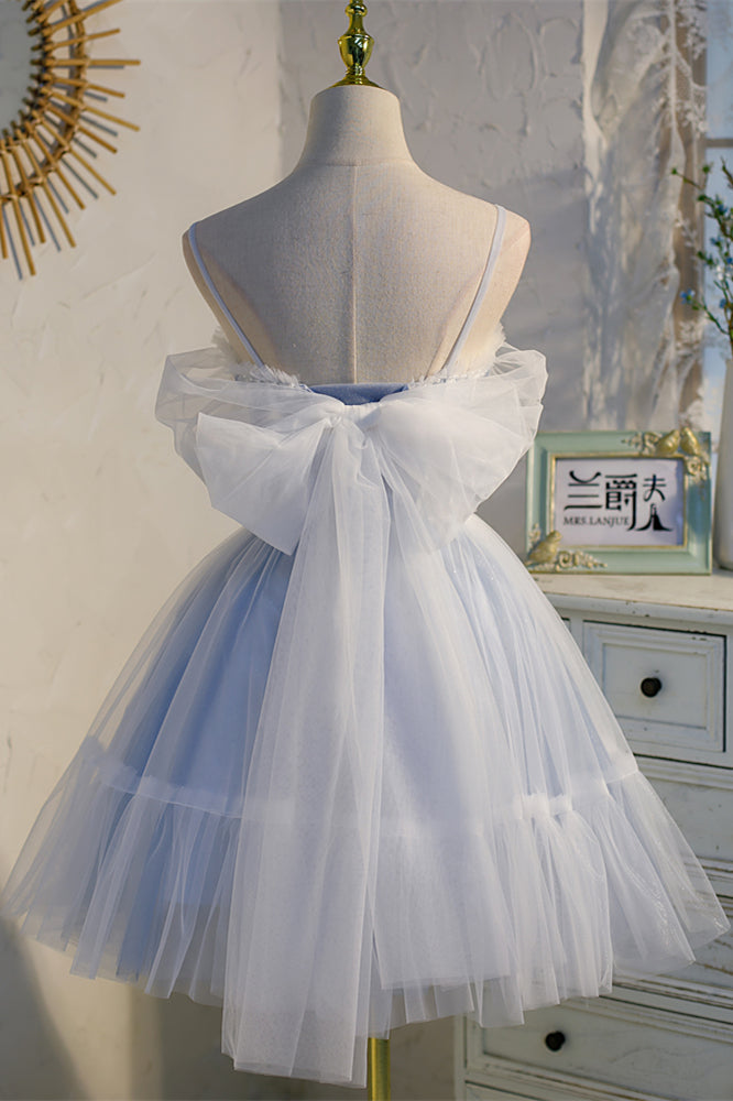 Light Blue Bow Tie Off-the-Shoulder Ruffle Beaded Homecoming Dress