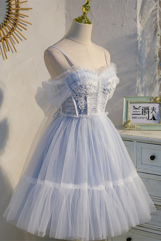 Light Blue Bow Tie Off-the-Shoulder Ruffle Beaded Homecoming Dress