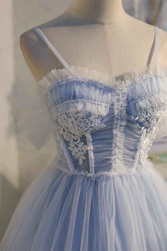 Light Blue Bow Tie Off-the-Shoulder Ruffle Beaded Homecoming Dress