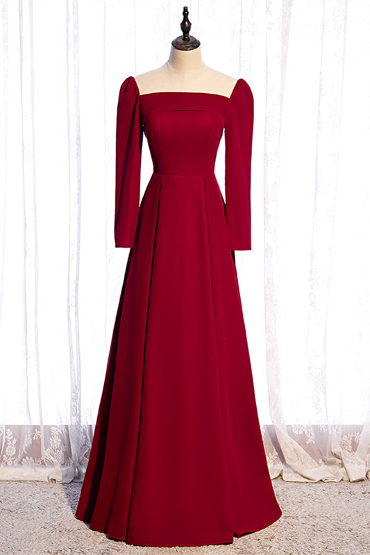 Red A-line Folded Neck Long Sleeves Maxi Formal Dress