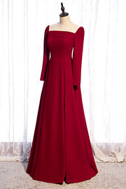 Red A-line Folded Neck Long Sleeves Maxi Formal Dress