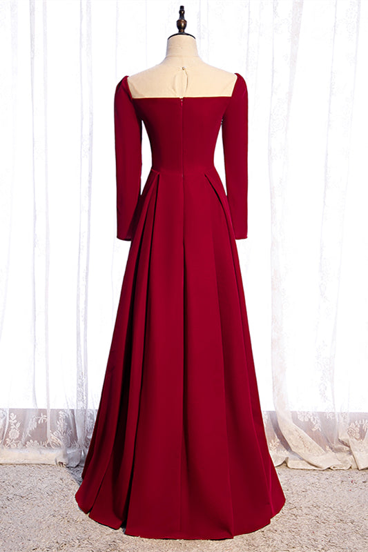 Red A-line Folded Neck Long Sleeves Maxi Formal Dress