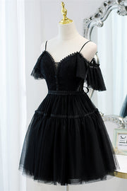 Black 2 Styles Tulle Straps Plunging V Homecoming Dress