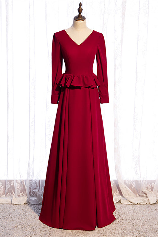 Red A-line V Neck Long Sleeves Ruffle Maxi Formal Dress