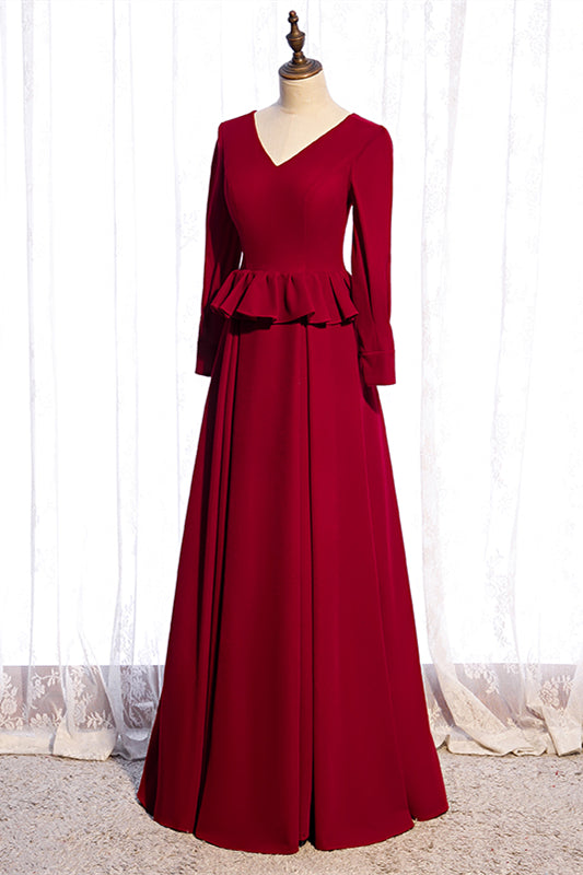 Red A-line V Neck Long Sleeves Ruffle Maxi Formal Dress