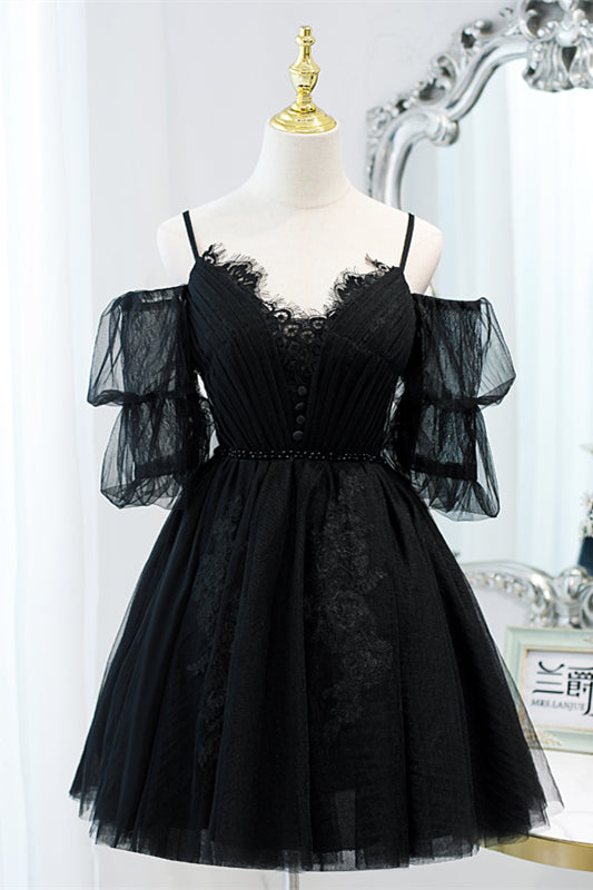 Black Off-the Shoulder Puff Sleeves Lace Beaded Homecoming Dress