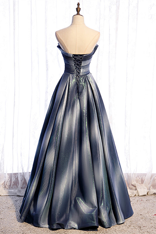 Grey A-line Strapless Pleated Lace-Up Back Taffeta Maxi Formal Dress