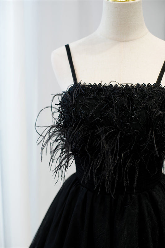 Black Feathers Straps Pleated Tulle Homecoming Dress