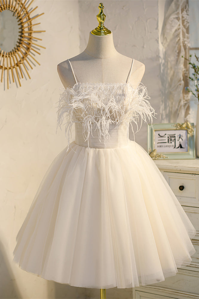Champagne Feathers Straps Pleated Tulle Homecoming Dress