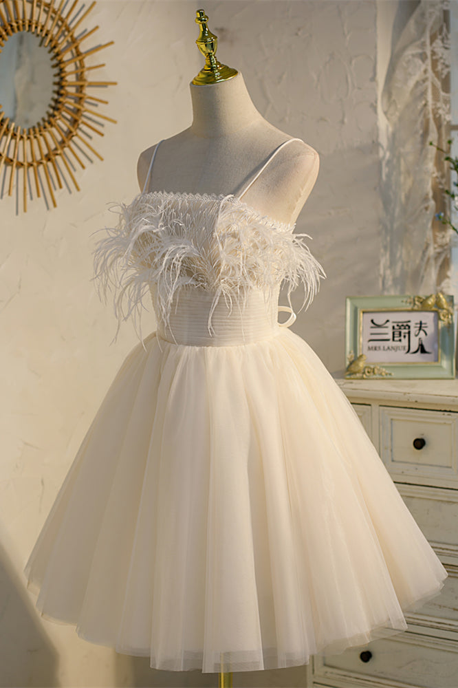 Champagne Feathers Straps Pleated Tulle Homecoming Dress