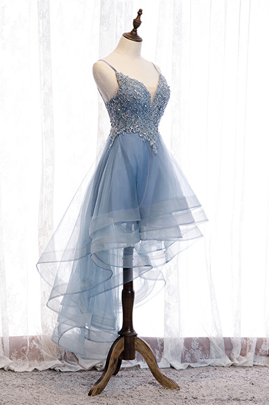 Blue A-line Deep V Neck Beaded Appliques Multi-Layers Hi-Low Formal Dress