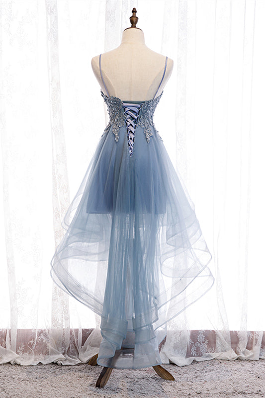 Blue A-line Deep V Neck Beaded Appliques Multi-Layers Hi-Low Formal Dress