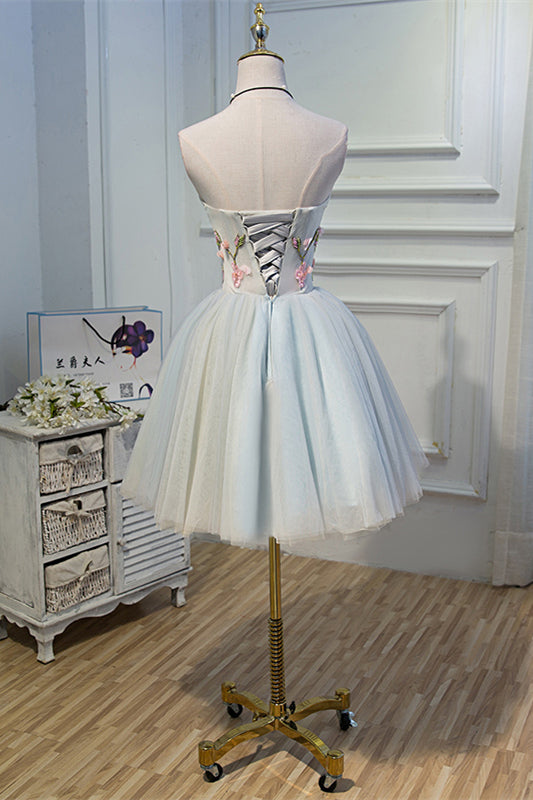 Light Blue Strapless 3D Appliques Tulle Homecoming Dress