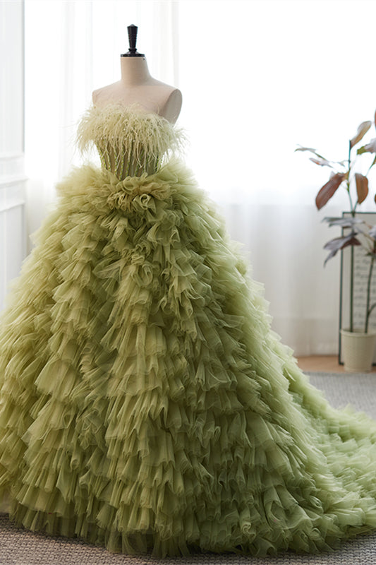 Light Green Strapless Boning Ruffle-Layers Formal Dress with Feathers