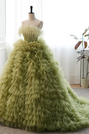 Light Green Strapless Boning Ruffle-Layers Formal Dress with Feathers