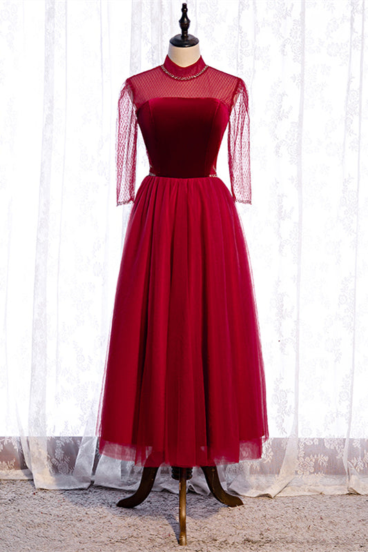Red Illusion High Neck Long Sleeves Beaded Tulle Ankle Length Formal Dress