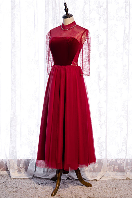 Red Illusion High Neck Long Sleeves Beaded Tulle Ankle Length Formal Dress