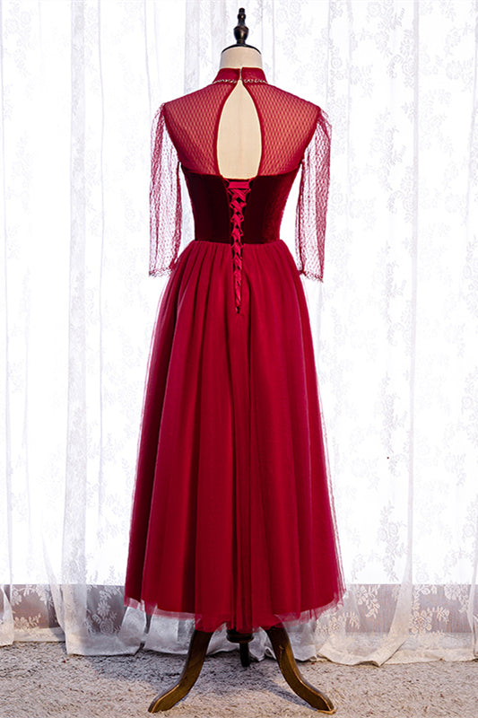 Red Illusion High Neck Long Sleeves Beaded Tulle Ankle Length Formal Dress