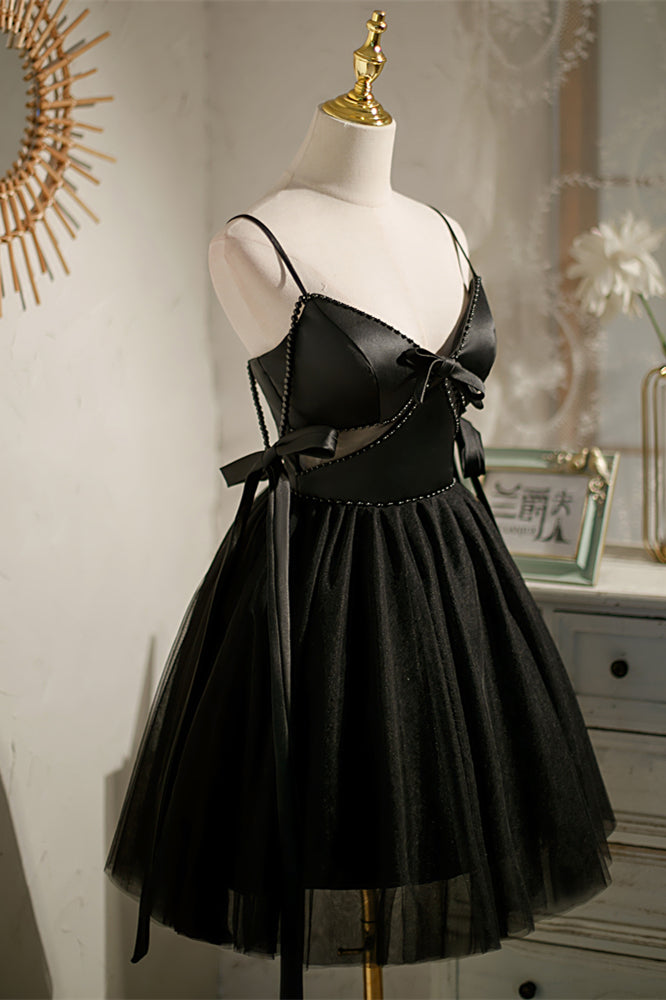 Black Beaded Cut-Out Bow Tie Straps Homecoming Dress