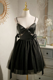 Black Beaded Cut-Out Bow Tie Straps Homecoming Dress