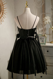 Black Beaded Cut-Out Bow Tie Straps Homecoming Dress