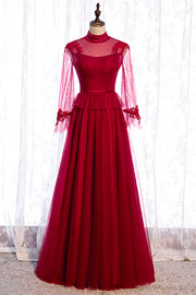 Red Illusion High Neck Long Sleeves Appliques Maxi Formal Dress