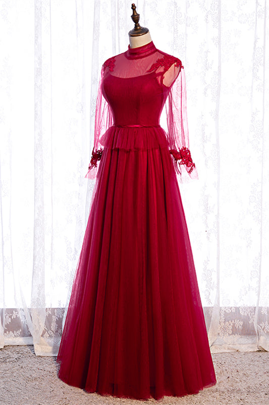Red Illusion High Neck Long Sleeves Appliques Maxi Formal Dress