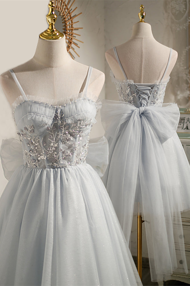 Grey Bow Tie Off-the-Shoulder Ruffle Beaded Homecoming Dress