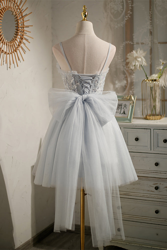 Grey Bow Tie Off-the-Shoulder Ruffle Beaded Homecoming Dress