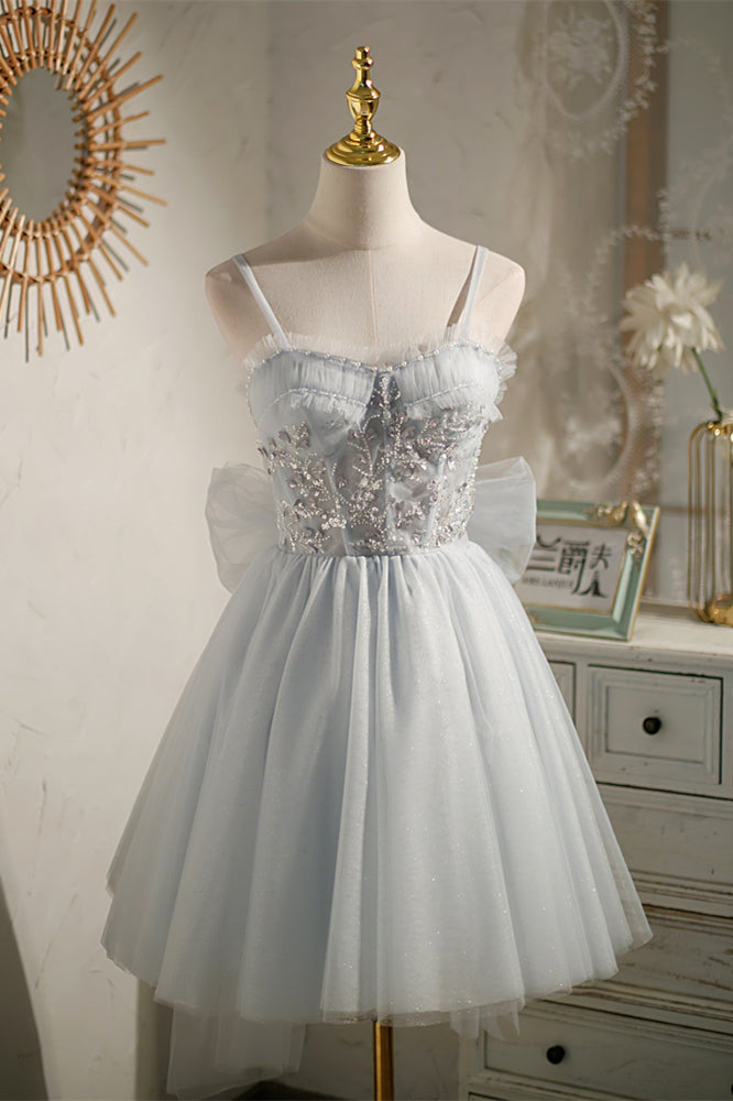 Grey Bow Tie Off-the-Shoulder Ruffle Beaded Homecoming Dress